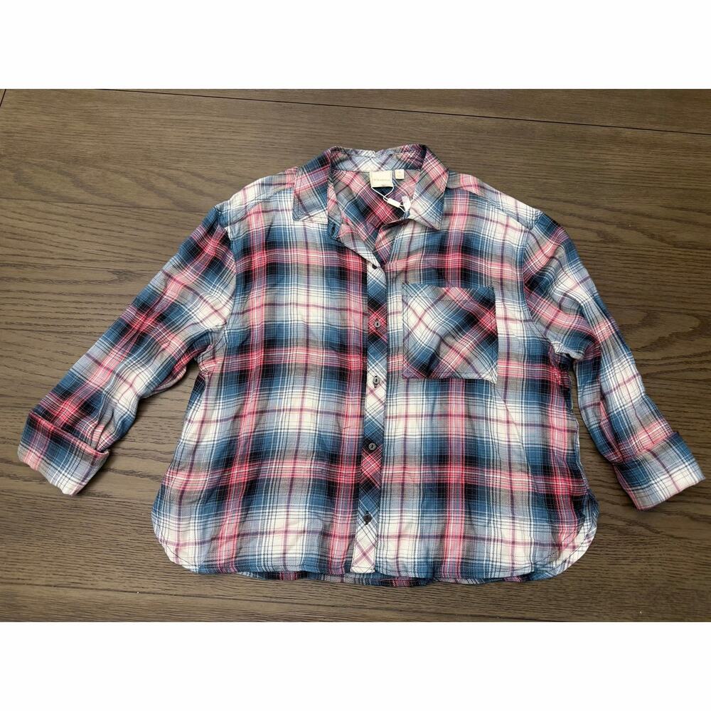 Zac & Rachel Plaid Button Front Shirt Blue Pink Large NWT